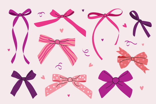 Hand drawn vector collection of cute ribbon bows in pink, magenta, and purple shades with polka dots and stripes. Flat cartoon set isolated on light background.