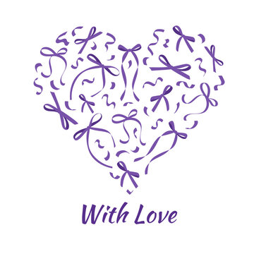 Romantic heart shape arrangement composed of various purple ribbon bows and curly streamers isolated on white background. Elegant vector greeting graphic with quote phrase.