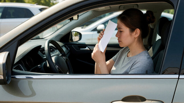 Woman driver uses paper to fan her face in hot car. Female feels discomfort from summer heat. She tries to cool down on dashboard, steering wheel visible.