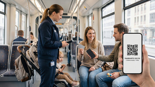 Transit staff verifies a mobile ticket for seated parents and toddler