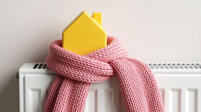 Small yellow house model wrapped in pink knitted scarf on white radiator. Concept of home heating season, energy saving, warmth in winter. Cozy domestic life, thermal insulation, heating bills, house
