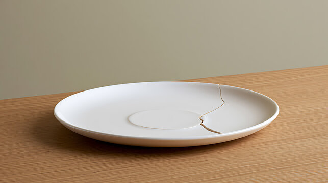 Minimalist white broken ceramic plate mended with gold lacquer art technique display on wooden table surface inside bright home room space