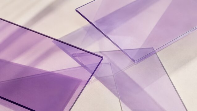 Purple transparent glass sheets with modern geometric shadows for product display mockups. Concept of lilac, panels, pastel, layered, background, acrylic glass, glass podium, geometric background.