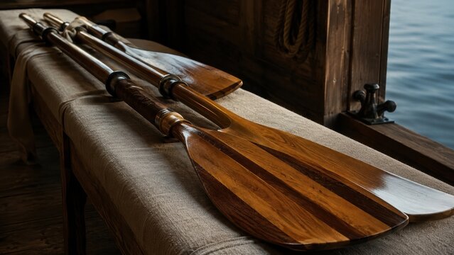 Vintage wooden oars resting on a canvas bench inside a boathouse near calm water. Concept of luxury, rowing, private, display, wooden paddle. Copy space.
