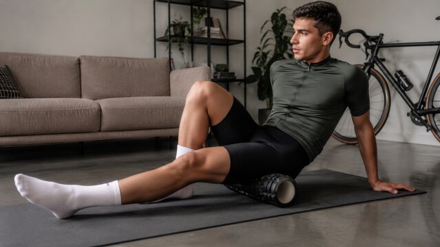 Athletic Male Cyclist Rolling Hamstrings with Foam Roller for Muscle Recovery after Workout at Home. Concept of cycling, routine, athlete stretching, hamstring stretch. Copy space.