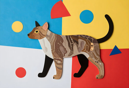 Pet health and microchip identification, cat with a microchip patch on colorful geometric background, animal welfare