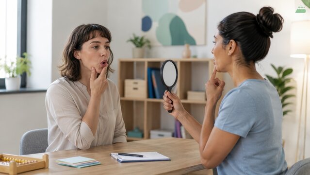 Speech therapist working with adult patient during articulate training session in clinic. Concept of articulation, rehabilitation, speech therapy, articulation exercise, logopedics, mouth mirror.