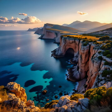Golden Sunset Over Cliffs and Turquoise Sea at Capo Caccia, Sardinia
