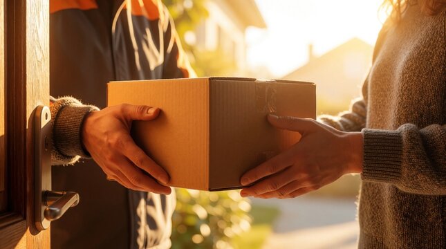Delivery person hands brown cardboard box to customer at house doorway. Courier gives parcel to woman during online shopping service. Close up of hands receiving package at home entrance in warm