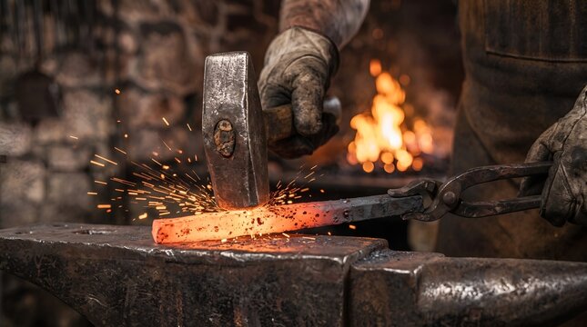 Blacksmith pounding glowing red hot iron on a steel anvil with a heavy hammer creating bright flying sparks in a traditional dark forge workshop.
