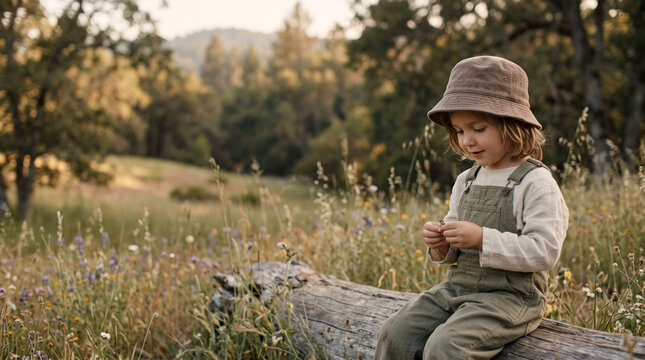 Young child in bucket hat and overalls exploring wildflowers in meadow