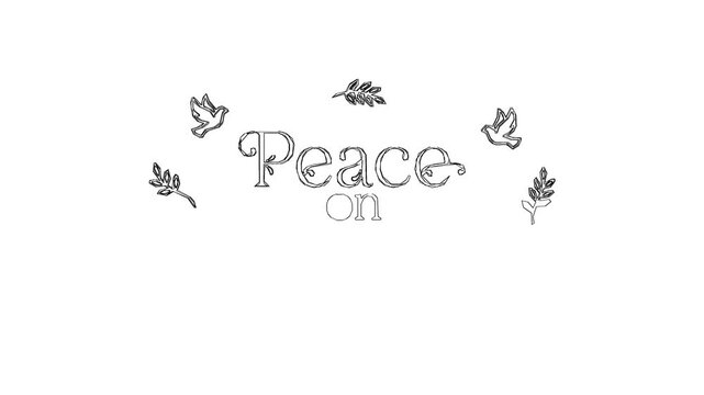 Minimalist hand drawn lettering design with peace on earth concept and doves.