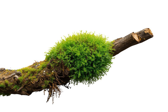 Weathered tree branch covered with a round cushion of green moss