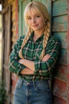 Young blonde woman with long braided hair wears green plaid shirt, denim jeans. Stands with arms crossed by old wooden wall smiling. Happy female person poses in casual fashion clothes for lifestyle