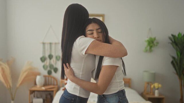 Woman hugging another woman, arms around shoulders with eyes closed, casual white tshirts and jeans on a bed in a softly lit bedroom; comfort support.