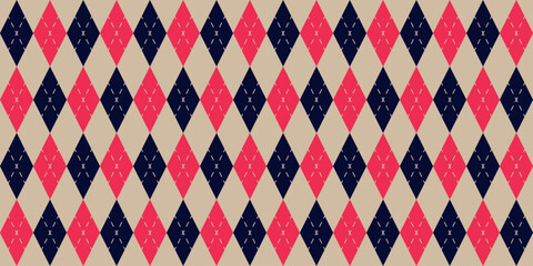Fototapeta premium Retro argyle pattern with red and navy diamonds on warm beige background features playful stitched accents creating classic geometric textile design for fashion fabric wallpaper and cozy decor