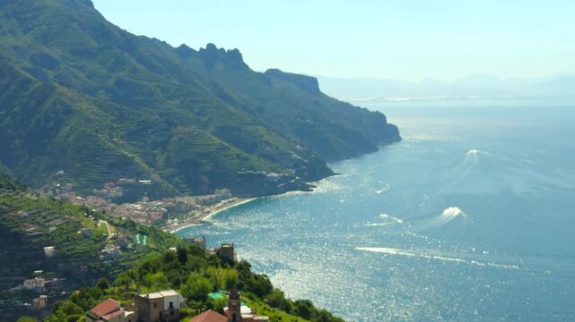 Sunlit Balcony Terrace Overlooking Mediterranean Coastline Framing Sea View from Ravello towards Amalfi Coast Italy
