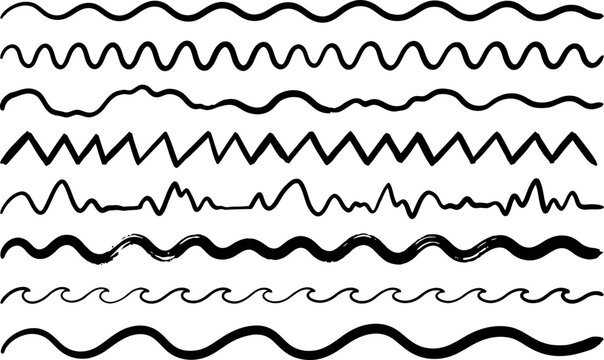 Hand-drawn wavy line set, black ink brush strokes, 8 decorative squiggle borders, organic vector dividers for graphic design