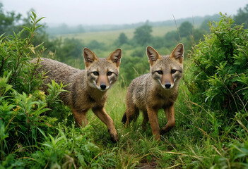 Fototapeta premium Wildlife conservation and natural habitat, two wild foxes in green grass and bushes looking at camera in nature