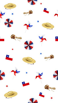 Chilean patriotic elements like flags, pinwheels, and hats forming a festive pattern on a transparent background