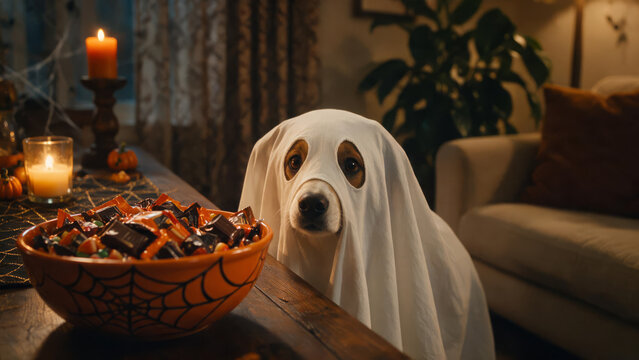 Cute Dog in Halloween Ghost Sheet Costume with Candy Bowl Indoors