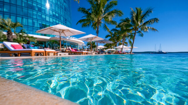 Close-up turquoise swimming pool water with sparkling waves at a modern tropical hotel resort, representing luxury vacation, travel and summer relaxation