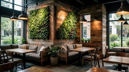 Fototapeta premium Modern coffee shop interior features rustic reclaimed wood walls and a vibrant living green wall. Comfortable seating areas and industrial lighting create a cozy atmosphere for relaxation or work.