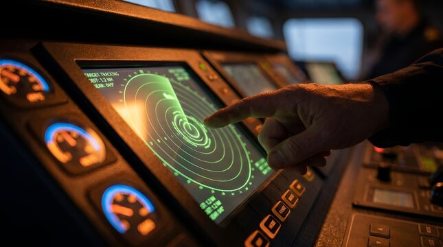 Close up of a ship officer's hand pointing at a green radar navigation screen on a modern vessel control bridge desk with illuminated gauges in low lighting.
