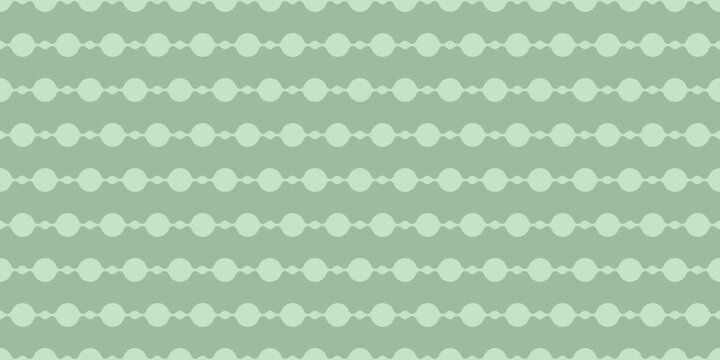 Soft sage green seamless abstract pattern with horizontal wavy chains of circles and organic curves, creating calming minimalist background inspired by modern retro textiles and contemporary decor