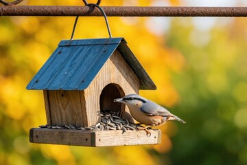 Fototapeta premium Nuthatch bird eats sunflower seeds from wooden house feeder. Blurred autumn foliage background creates warm colors. Wildlife enjoys meal on sunny day.