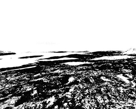 Rocky Highland Landscape with Snow and Water in Stark Black and White Posterized Style