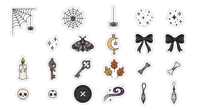 Spooky halloween sticker collection featuring spider webs, moths, moons, bows, skulls, and magical charms isolated on white background