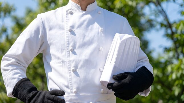 Professional chef wearing white double-breasted jacket and black gloves holding a toque hat outdoors against a green garden background
