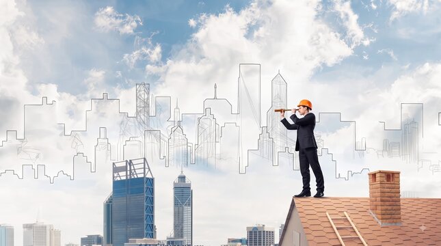 Businessman Architect in Hardhat Standing on Roof Looking Through Spyglass at Drawn City Skyline Sketch, Urban Planning and Future Business Vision Concept