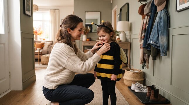 Mother adjusting childs bee costume in cozy home hallway