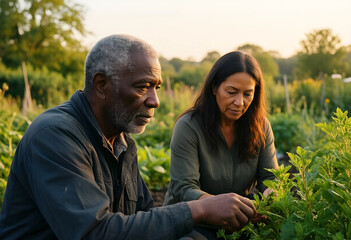 Fototapeta premium Sustainable farming and community agriculture, diverse farmers working together in a lush organic garden at sunset