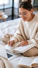 Naklejka premium attractive confident smiling professional european woman studying with open book and laptop while sitting on bright bed natural light shot from above or behind cozy home setting