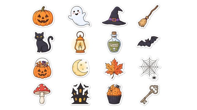Set of classic halloween stickers featuring pumpkins, ghosts, witch hats, brooms, cats, and spooky on a white background, for decor