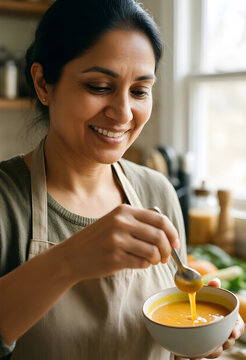Healthy eating and home cooking, smiling indian woman tasting homemade soup in a kitchen with natural light