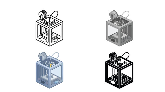 Modern 3d printer icon set featuring isometric designs with thick outlines and flat colored styles