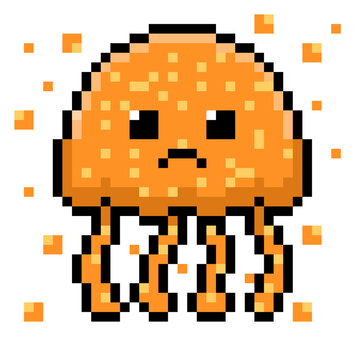 Cute orange pixel art jellyfish with sad face and glowing floating particles