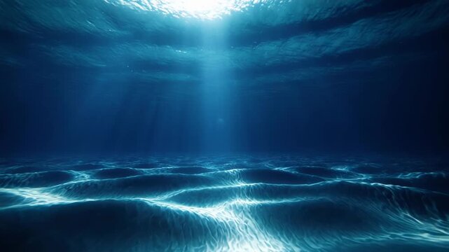 Underwater ocean light rays with flowing waves in deep blue sea