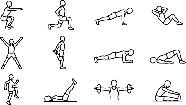 Fitness Workout Exercise Stretching and Strength Training Action Pose Outline Vector Set