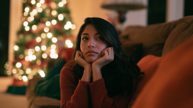 Christmas loneliness and reflection in a thoughtful Hispanic woman sitting alone beside a decorated Christmas tree.