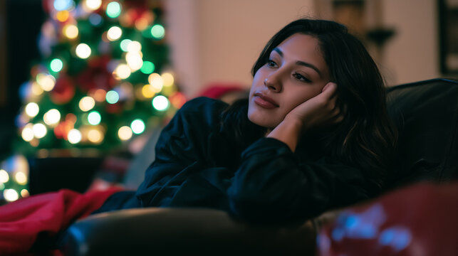 Thoughtful Hispanic woman experiencing Christmas melancholy and nostalgia while sitting alone beside a decorated Christmas tree.