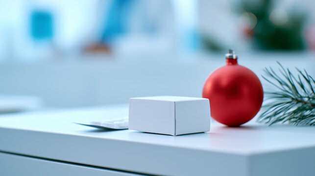 Blank medication box and tablets on a pharmacy counter with red Christmas ornament and fir branch, healthcare holiday concept. 