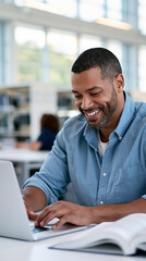 Fototapeta premium over the shoulder view of attractive confident smiling professional man using laptop at bright library table with open textbook beside him natural daylight through windows cropped