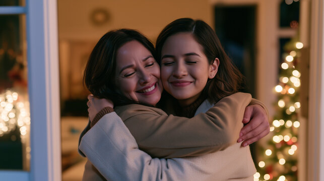 Christmas reunion between mother and daughter embracing with happiness and affection at home beside a warmly decorated Christmas tree.