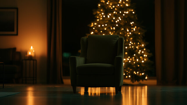 Christmas absence and loneliness represented by an empty armchair beside an illuminated Christmas tree in a quiet home.