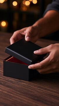 Black Friday gift box with hands opening a black package on a wooden table, red interior and warm Christmas lights in the background